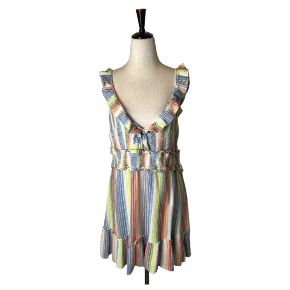 Saylor‎ Dress Women XL Multicolor Striped V Neck Smocked Ruffle Trim Alma Mini